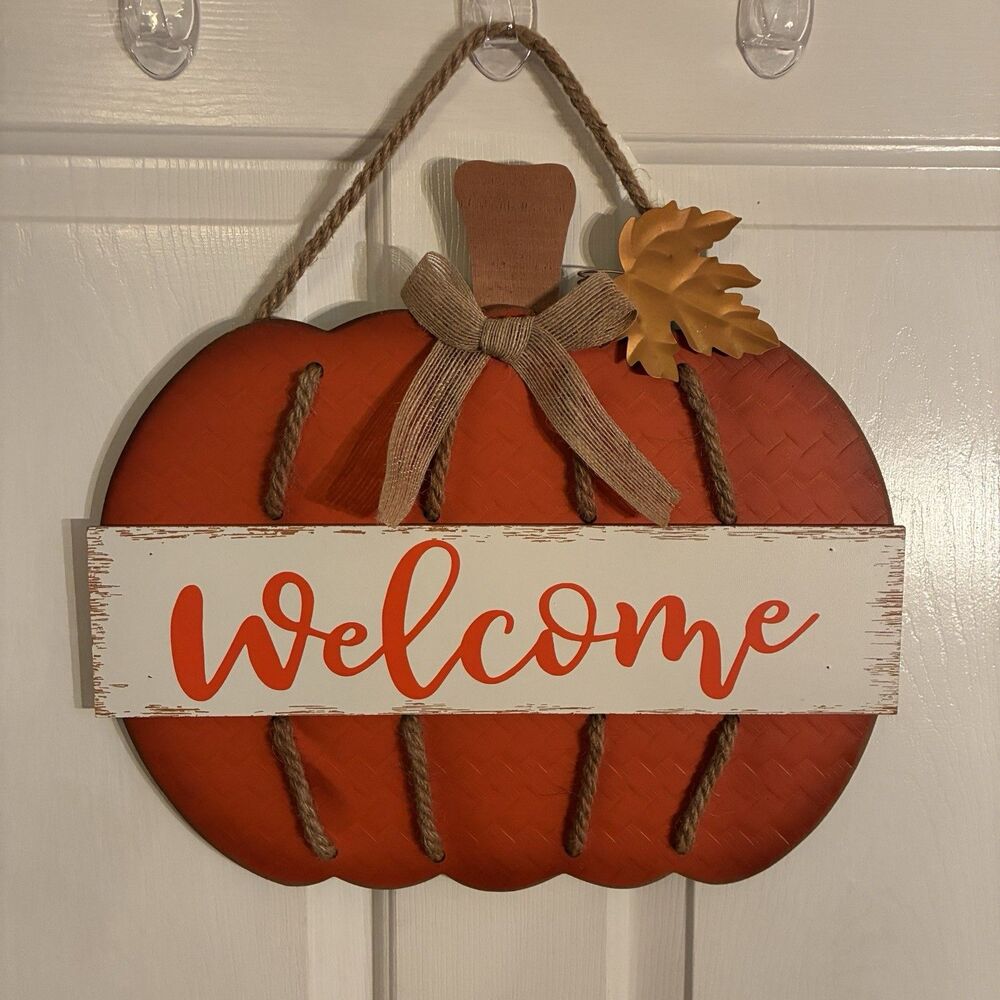 Fall Decor Hanging Wooden Door Pumpkin Sign W/ WELCOME Rope, Metal Leaf. New